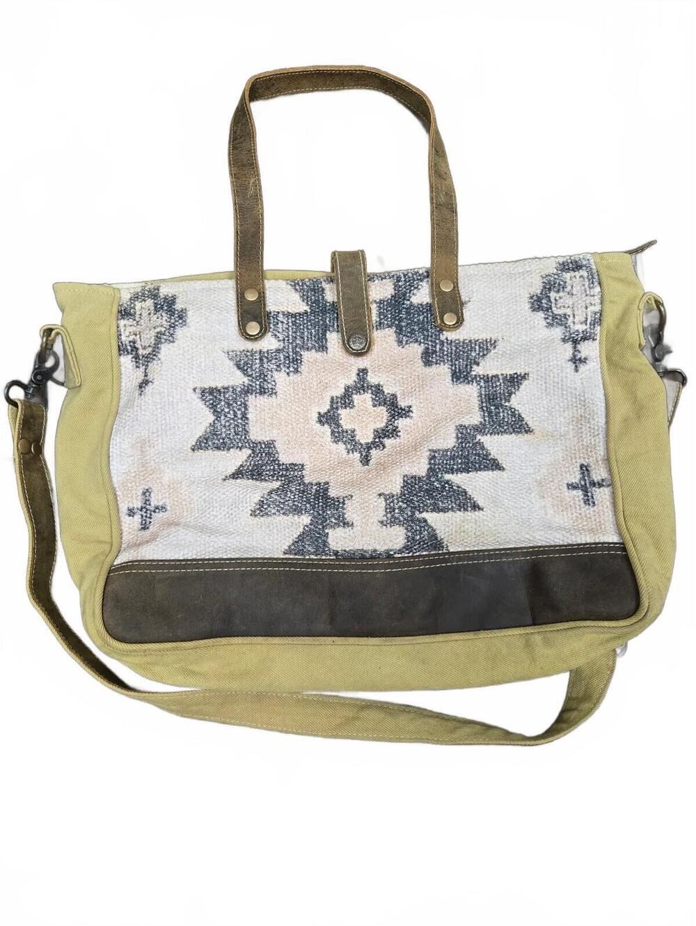 Large Canvas and Suede Tote Bag with Aztec Pattern - Picture 6 of 8